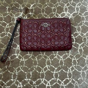 New Coach Burgundy Corner Zip Wristlet Wallet with Glitter Signature